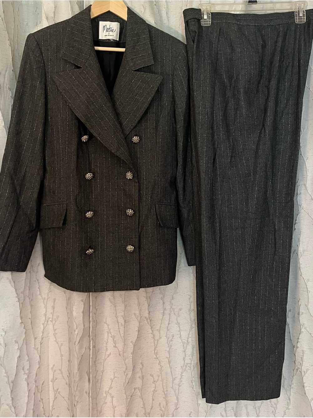 Bob Mackie Wool Pants Suit Set, pinstripe